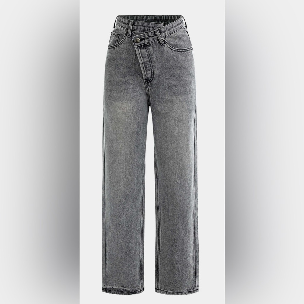 Micas Asymmetric Waist Straight Leg Jeans Gray Size Small